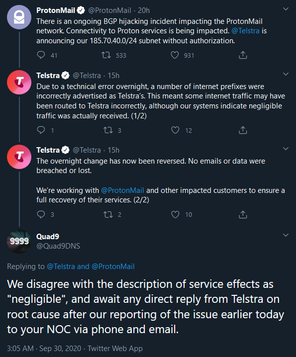 Tweets between ProtonMail and Telstra